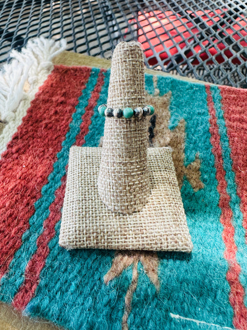 THE VENICE BAND Handmade Sterling Silver Pearl Style Turquoise Beaded Stretch Ring