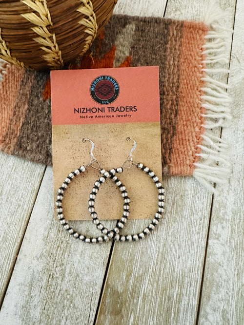 Navajo Sterling Silver Pearl Beaded Dangle Hoop Earrings