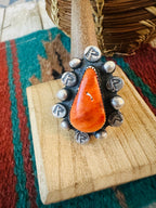 Old Pawn Navajo Sterling Silver & Orange Spiny Ring Size 8.5