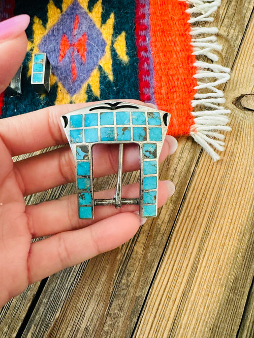 Vintage Handcrafted Turquoise & Sterling Silver Horse Belt Buckle