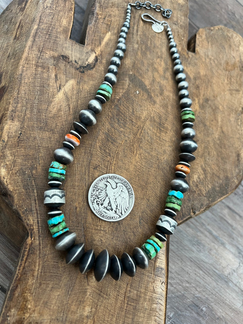 Navajo Made Electric Rainbow Sterling Silver, Turquoise and Spiny Oyster Single Strand Beaded Necklace by Rose Martin, 18 + 2 Inches