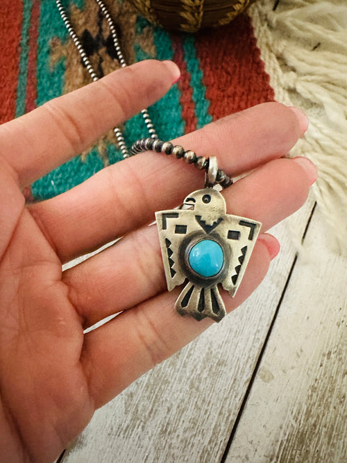 Handcrafted Turquoise & Sterling Silver Pearl Beaded Thunderbird Necklace