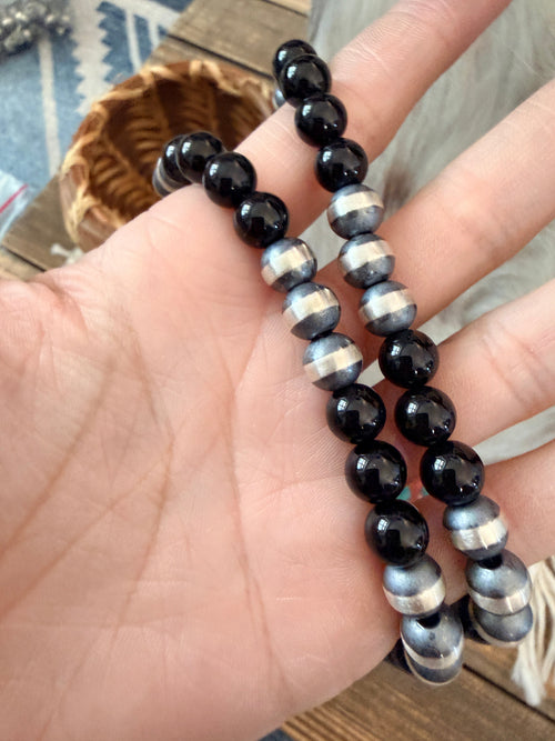 Handcrafted Sterling Silver Pearl & Onyx Beaded Necklace