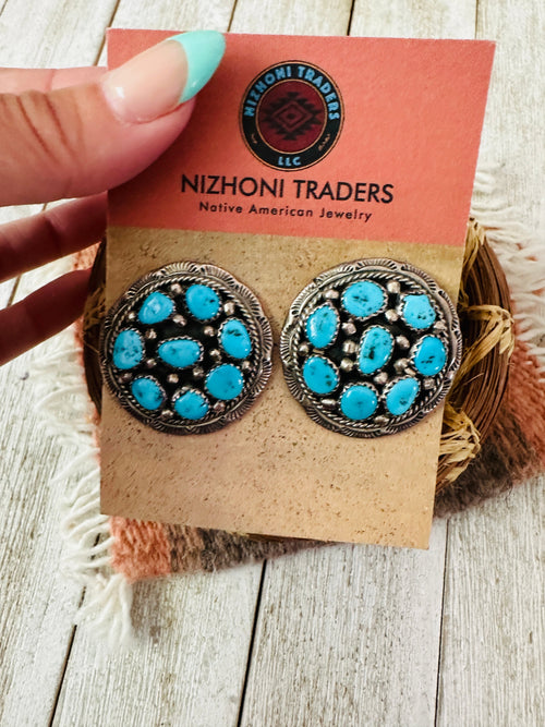 Old Pawn Navajo Sterling Silver & Kingman Turquoise Cluster Post Earrings