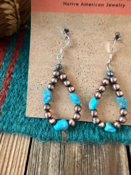 Handcrafted Copper & Turquoise Beaded Dangle Hoop Earrings