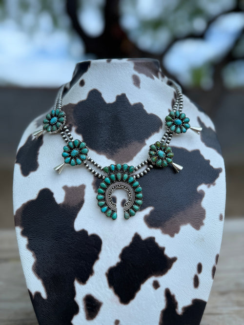 Handmade Beaded Sterling Silver Kingman Turquoise Squash Blossom Necklace Set