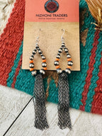 Navajo Orange Spiny & Sterling Silver Pearl Beaded Hoop Earrings