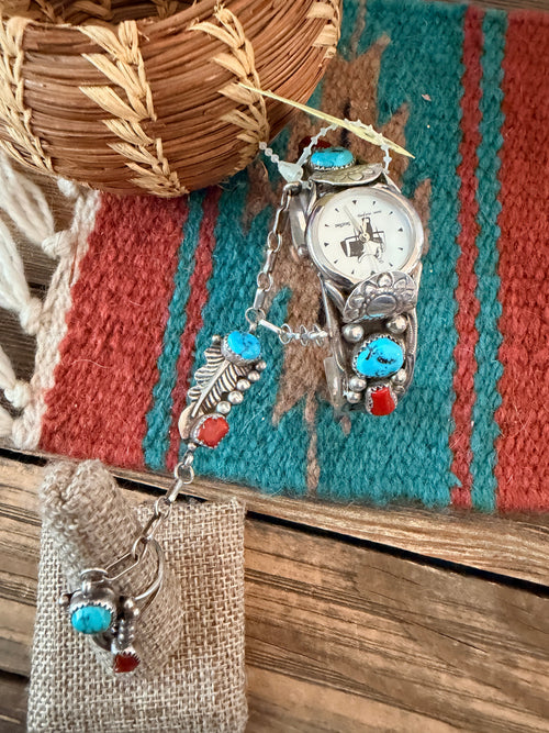 Handcrafted Old Pawn Turquoise, Coral & Sterling Silver Watch Cuff with Hand Chain
