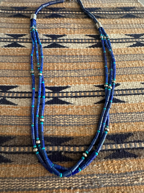 Old Pawn Sterling Silver Lapis and Turquoise Beaded 28 inch Necklace