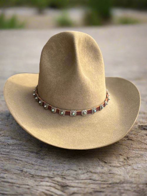 Leather Hat Band with Sterling Silver and Kingman Turquoise Concho Slides