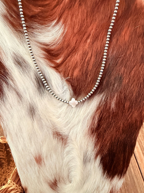 Handcrafted Mother of Pearl and Sterling Silver Pearl Quatrefoil Beaded Necklace
