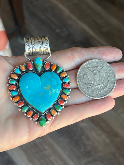 Color Burst Handcrafted Kingman Turquoise Heart Pendant w/ Spiny Oyster Shell and Sonoran Mountain Turquoise by Angela Martin