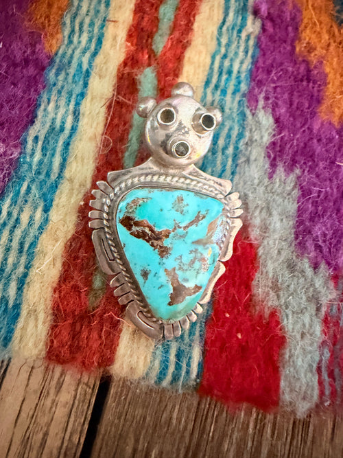 Old Pawn Handcrafted Turquoise and Sterling Silver Yei Symbol Brooch/ Pendant by Bennie Ration