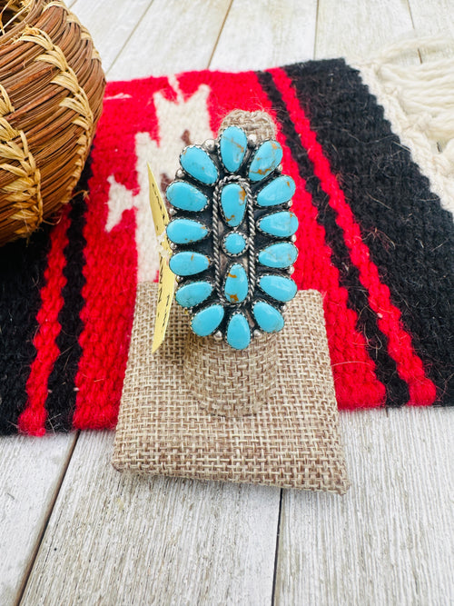 Old Pawn Handcrafted Turquoise & Sterling Silver Cluster Ring Size 9.5