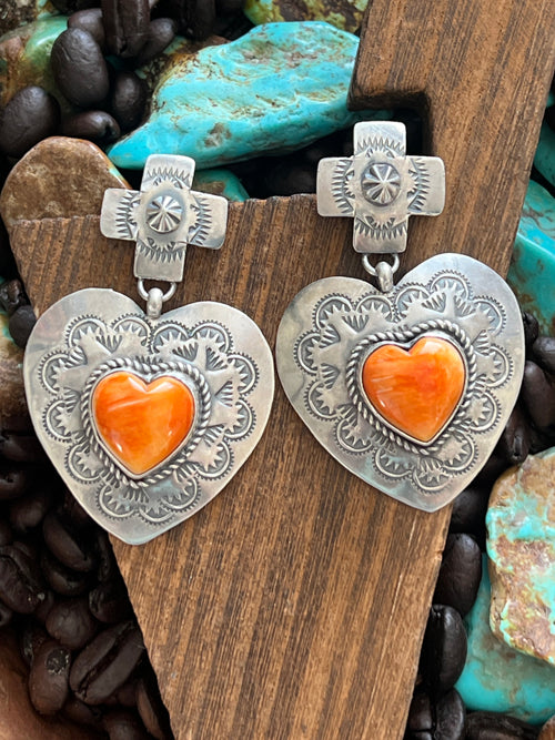 Apache Sterling Silver and Orange Spiny Oyster Shell Hand Stamped Heart Earrings by Rosella Paxson