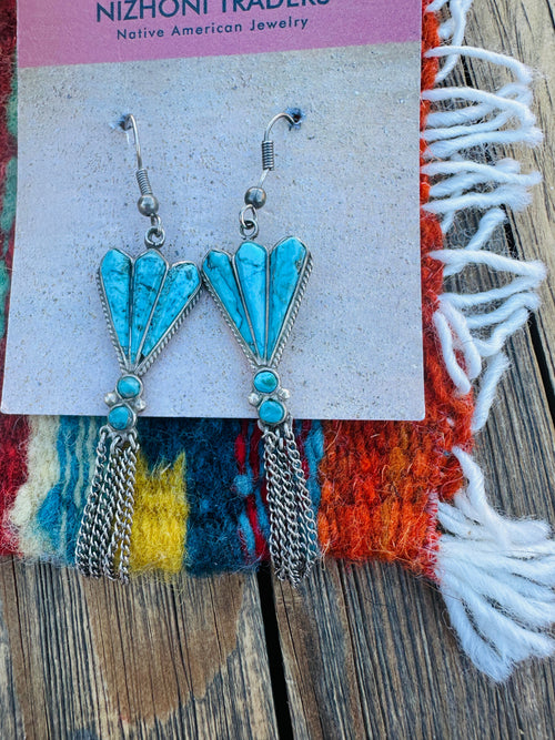 Handcrafted Old Pawn Sterling Silver & Turquoise Tassel Dangle Earrings