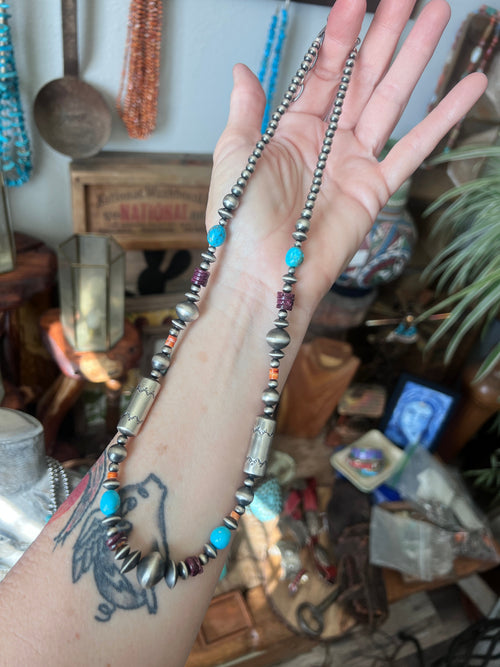 Rose Martin Electric Rainbow Sterling Silver, Turquoise and Spiny Oyster Single Strand Beaded Necklace, 24 + 1-1/2 inches