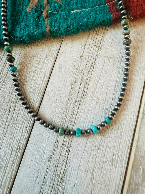 Turquoise & Sterling Silver 14” Beaded Necklace