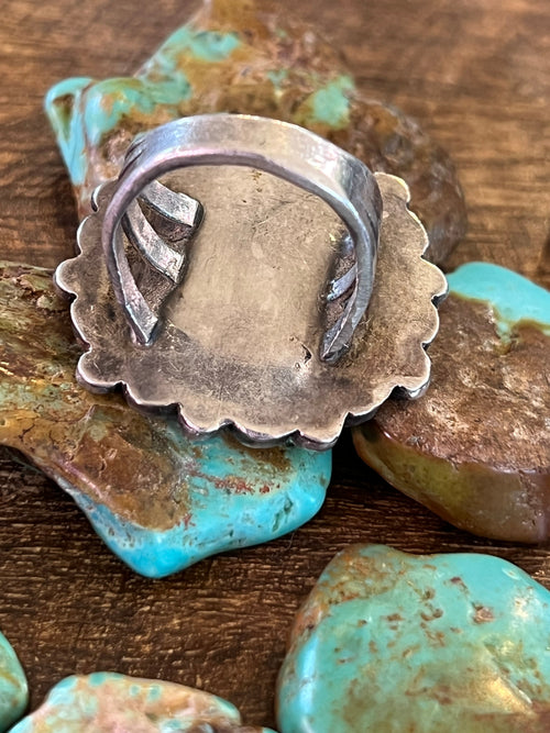 Old Pawn Unsigned Sterling Silver and Turquoise Cluster Ring, Size 8.5