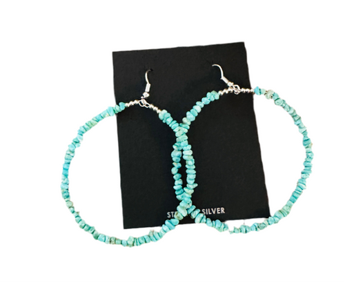 Navajo Turquoise & Sterling Silver Pearl Beaded Hoop Earrings