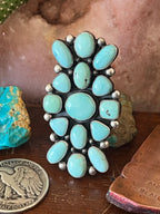 Old Pawn Navajo Sterling Silver and Dry Creek Turquoise Cluster Ring by Verdy Jake, Adjustable