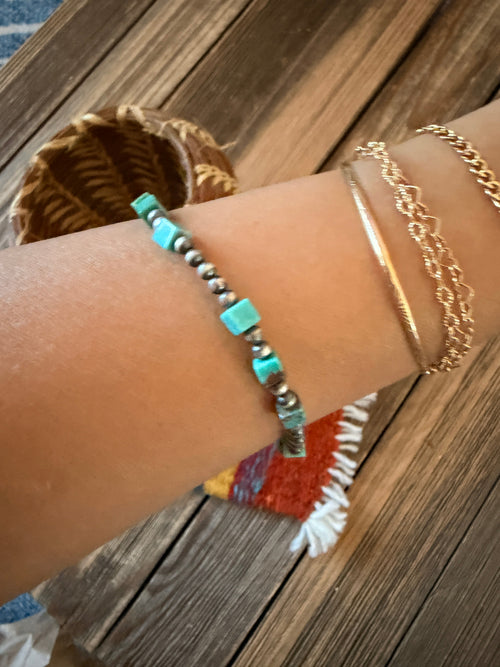 Handcrafted Turquoise & Sterling Silver Beaded Stretch Bracelet