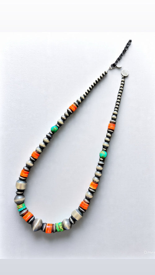 Navajo Made Electric Rainbow Sterling Silver, Turquoise and Spiny Oyster Single Strand Beaded Necklace by Rose Martin, 18 + 2 Inches