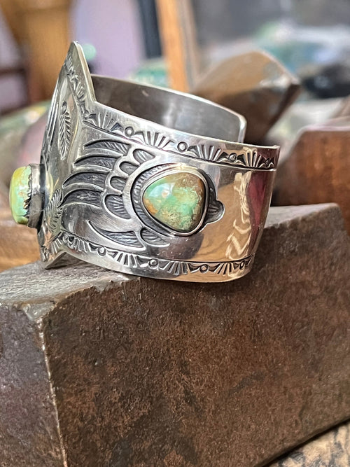 Handcrafted Old Pawn Sterling Silver and Royston Turquoise Overlay Bear Paw Cuff Bracelet by Charlie Bowie /