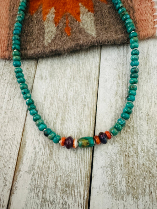 Handcrafted Turquoise, Spiny, Amethyst & Sterling Silver 16” Beaded Necklace