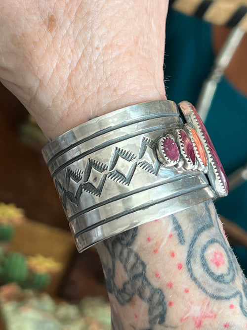 Old Pawn Handcrafted Sterling Silver and Spiny Oyster Cuff Bracelet, Signed AD