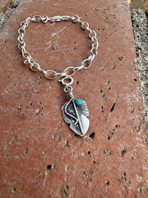 Handcrafted Sterling Silver and Turquoise Feather Charm