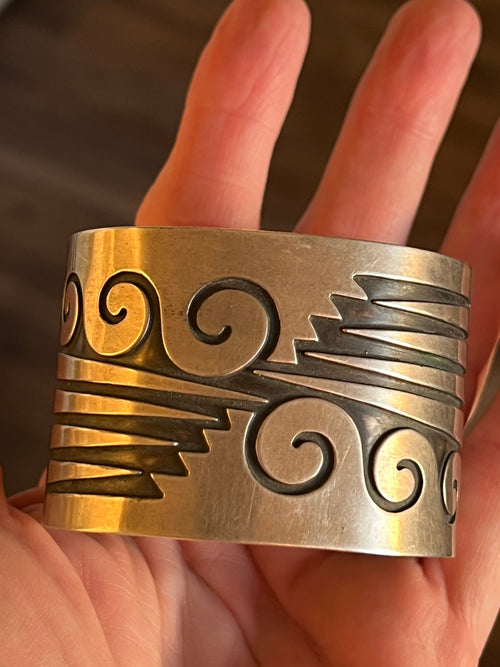 Handcrafted Old Pawn Sterling Silver Water Design Overlay Cuff, Unsigned