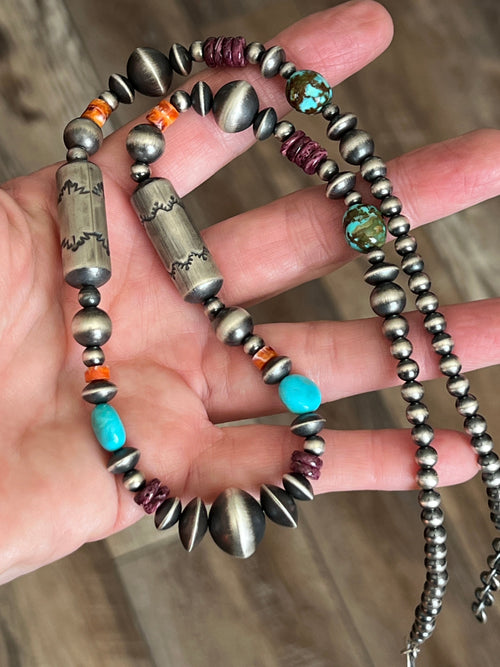 Handcrafted Sterling Silver, Kingman Turquoise and Spiny Oyster Shell Handcrafted Electric Rainbow Beaded Necklace by Rose Martin, 26 + 1-1/2 inch