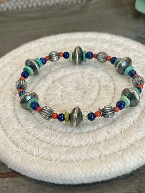 Handmade Sterling Silver Multi Stone Beaded Stretch Bracelet
