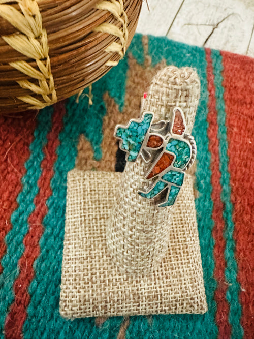 Handcrafted Old Pawn Sterling Silver, Turquoise & Coral Inlay Kachina Ring Size 5
