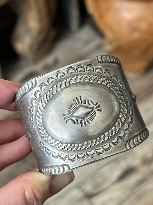 Hand Forged Old Pawn Sterling Silver Ingot Cuff Bracelet by Santa Fe Artist Buffalo, Concho Grande