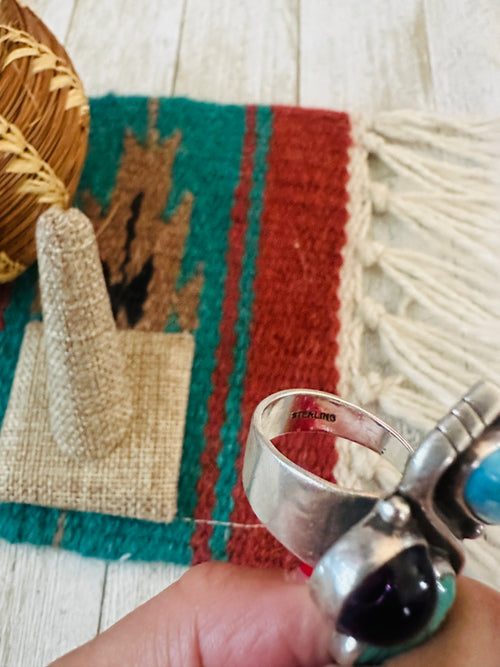 Old Pawn Navajo Sterling Silver, Turquoise & Amethyst Adjustable Ring