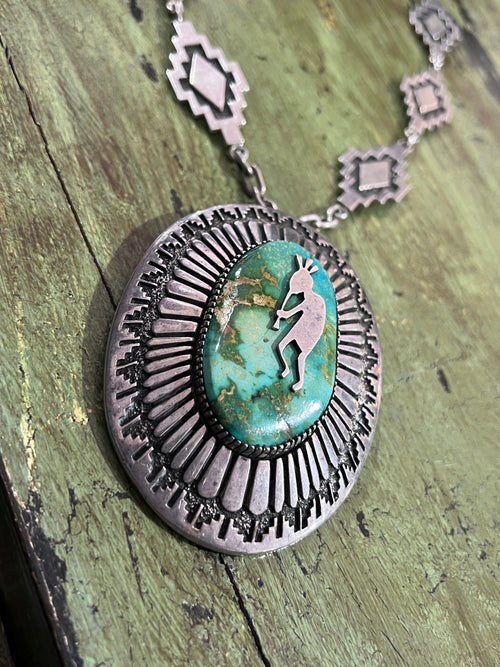 Vintage Handcrafted Sterling Silver and Royston Turquoise Kokopelli Necklace by Tommy Jackson