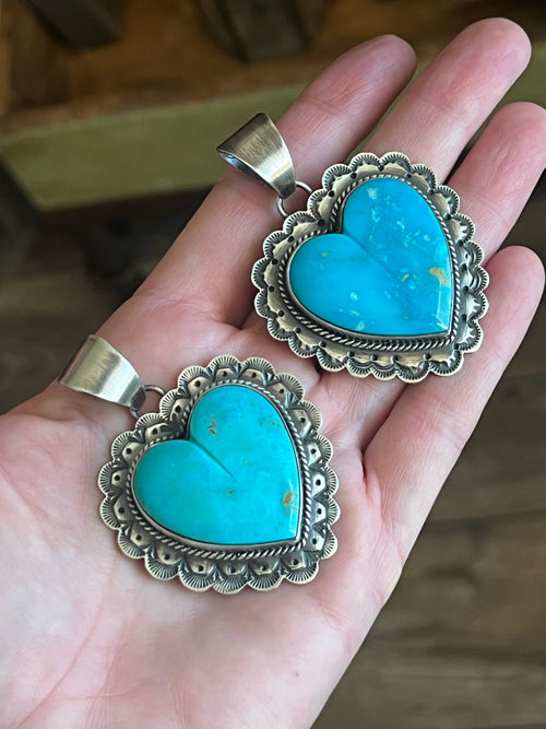 Hand Stamped Sterling Silver & Kingman Turquoise Heart Pendant by June Delgarito