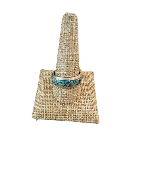 Old Pawn Navajo Sterling Silver & Turquoise Chip Inlay Band Ring