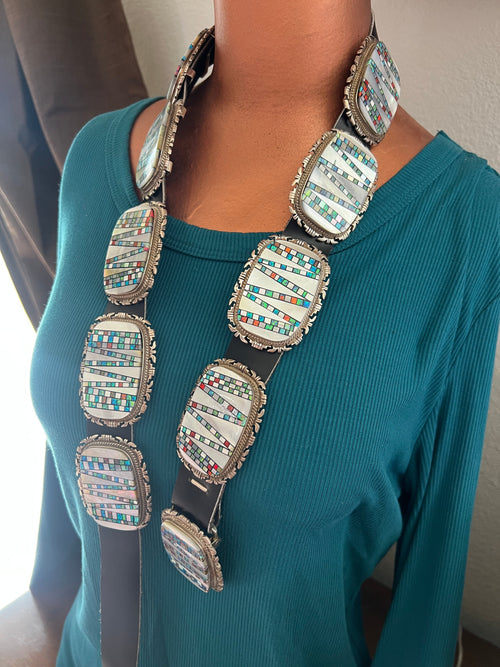 Tremendous Old Pawn Handcrafted Sterling Silver, Mother of Pearl and Opal Inlay Concho Belt by Albert Francisco