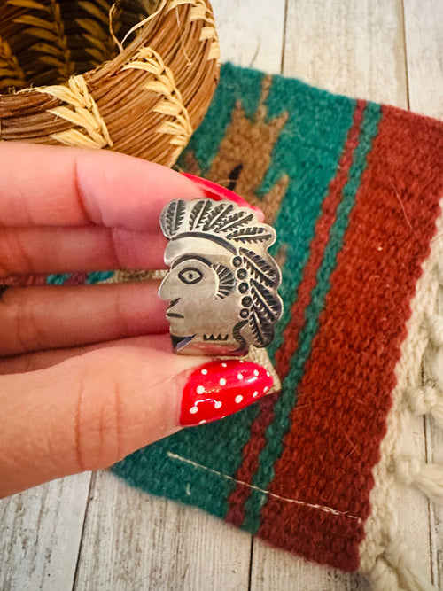 Handcrafted Old Pawn Sterling Silver Indian Chief Band Ring Size 11