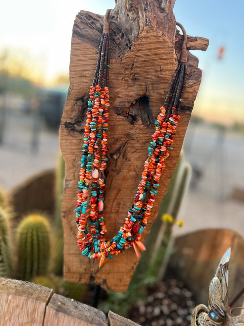 Gorgeous Santo Domingo Made Six Strand Spiny Oyster and Turquoise Beaded Squaw Wrap Necklace with Spiny Oyster Tabs