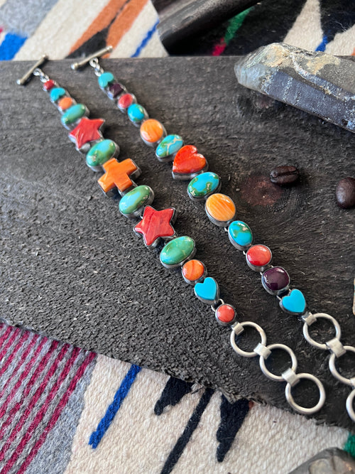 Loretta Delgarito Sterling Silver Electric Rainbow Link Turquoise and Spiny Oyster Heart Bracelet
