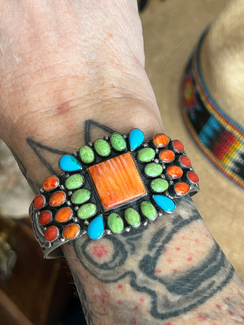 Old Pawn Don Lucas Split Stamped Sterling Silver and Multi Stone Cluster Cuff