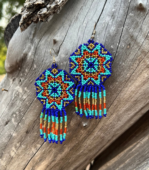 Handmade MultiColor Beaded Dangle Earrings (Blue, Turquoise, Orange)