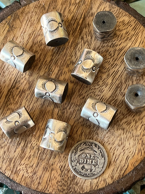 Handmade Stamped Sterling Silver Hexagon Cylinder Beads, The Hedgehog