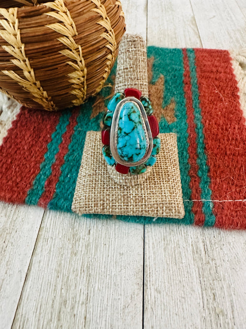 Old Pawn Navajo Sterling Silver, Turquoise & Coral Inlay Ring Size 11