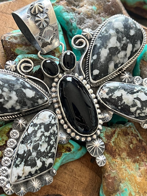 Apache Sterling Silver, White Buffalo and Black Onyx Butterfly Pendant by Rosella Paxson