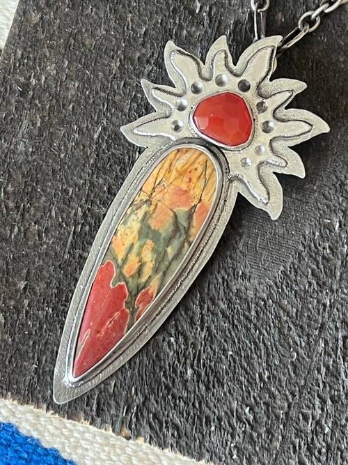 Tularosa Rosary Style Sterling Silver, Red Creek Jasper and Carnelian Sun Fire Necklace